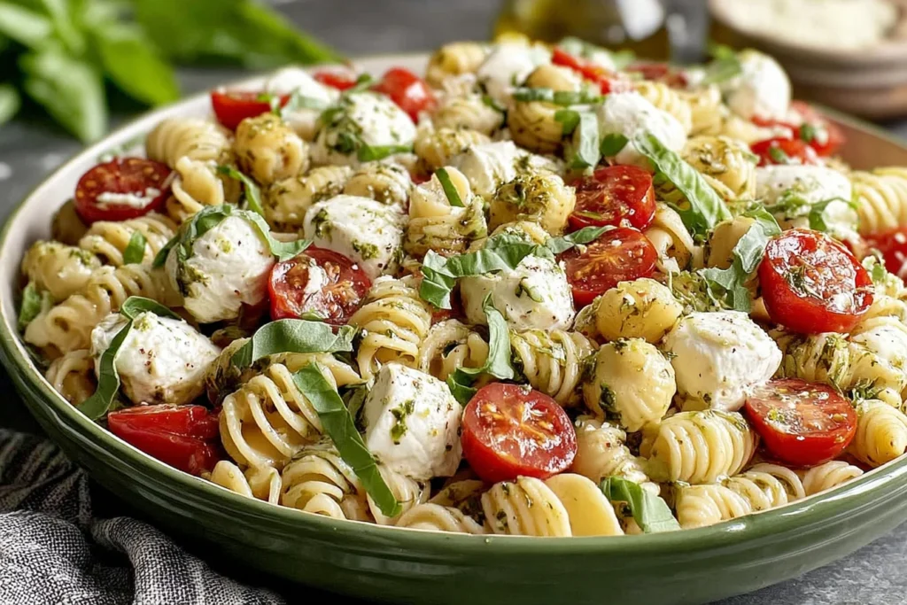 Caprese Pasta Salad tossed with pesto, mozzarella, cherry tomatoes, and basil
