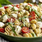 Caprese Pasta Salad tossed with pesto, mozzarella, cherry tomatoes, and basil