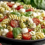Caprese Pasta Salad with mozzarella, cherry tomatoes, and fresh basil in a creamy dressing