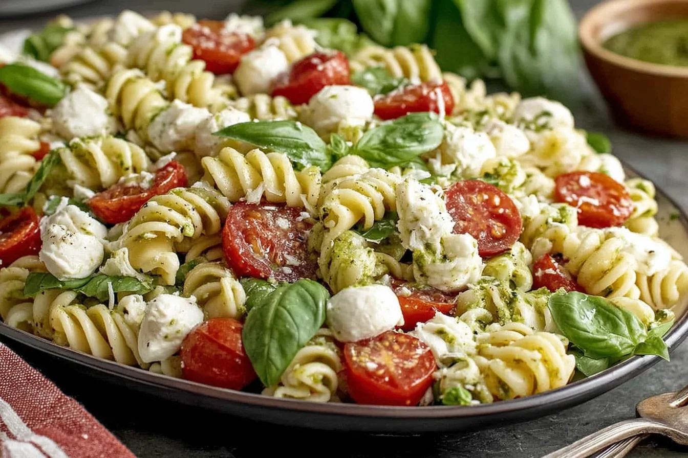 Caprese Pasta Salad with mozzarella, cherry tomatoes, and fresh basil in a creamy dressing