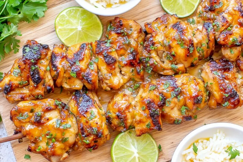 Spicy Honey-Lime Chicken skewers with caramelized glaze, grilled chicken bites topped with herbs and served with fresh lime slices