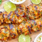 Spicy Honey-Lime Chicken skewers with caramelized glaze, grilled chicken bites topped with herbs and served with fresh lime slices