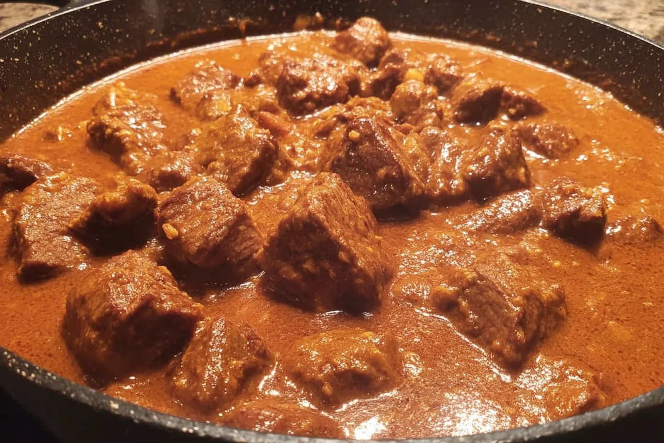 Close-up of Carne Guisada with flour tortillas featuring juicy beef chunks in thick Tex-Mex gravy
