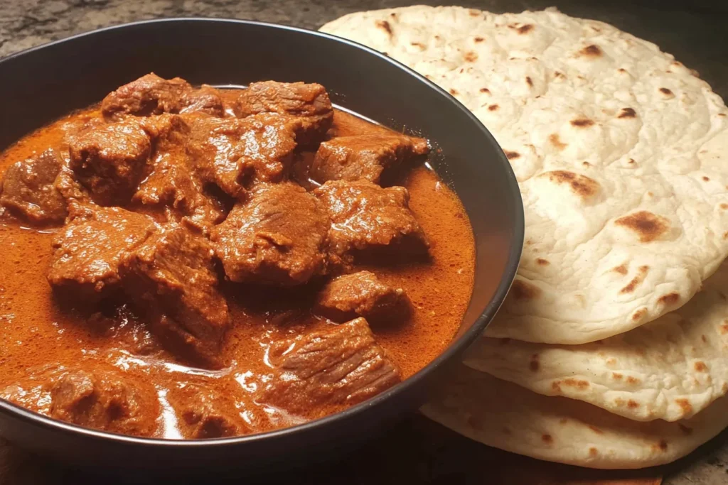 Carne Guisada with flour tortillas served in a black bowl with tender beef and rich savory gravy