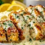 Close-up of Cheesecake Factory Crusted Chicken Romano with creamy melted mozzarella sauce