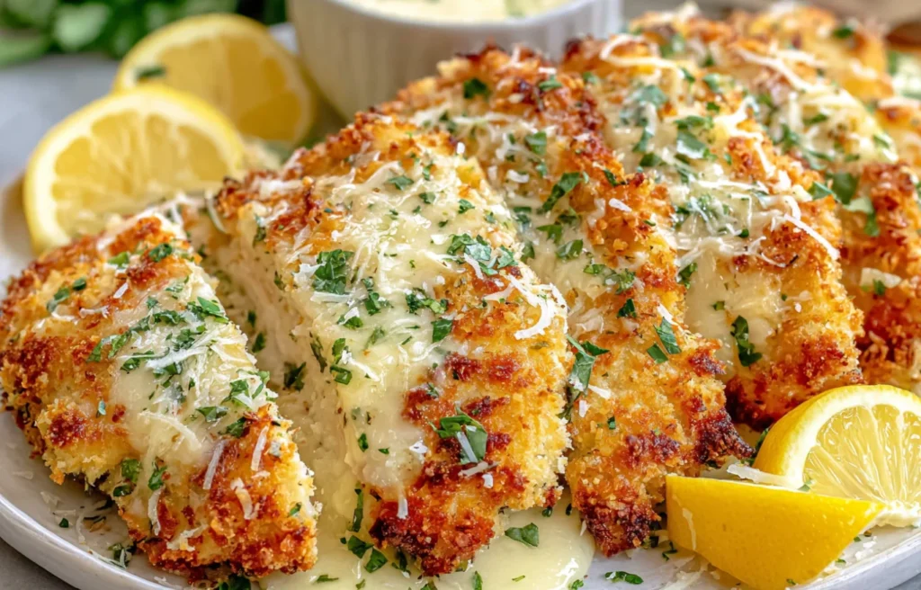 Cheesecake Factory Crusted Chicken Romano garnished with parsley and lemon wedges