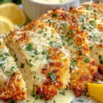 Cheesecake Factory Crusted Chicken Romano garnished with parsley and lemon wedges