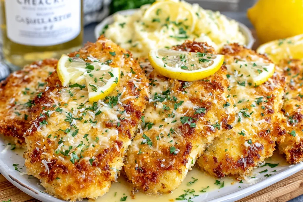 Cheesecake Factory Crusted Chicken Romano served with mashed potatoes and fresh lemon slices