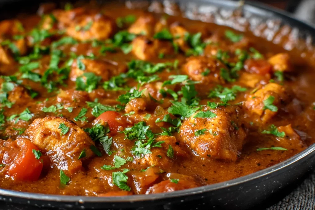 Flavor-packed Chicken Balti curry with juicy chicken pieces and fresh herbs in a balti dish