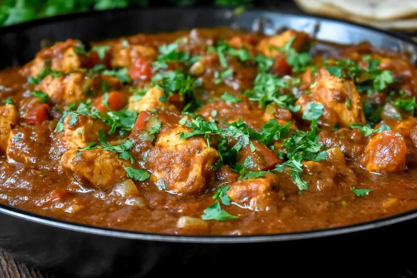 Chicken Balti served in a traditional pan with tender chicken, rich curry sauce, and fresh coriander