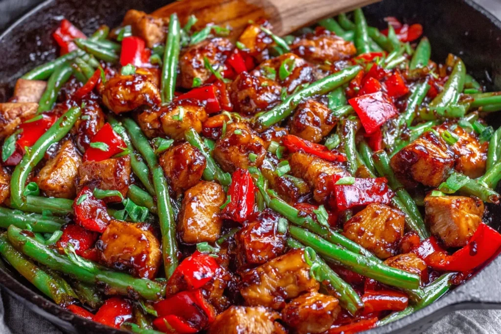 Chicken Green Bean Stir Fry with crispy chicken thighs and fresh green beans in sweet chili glaze