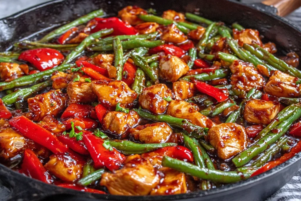 Chicken Green Bean Stir Fry with sweet chili sauce, crispy chicken, and bell peppers in a skillet