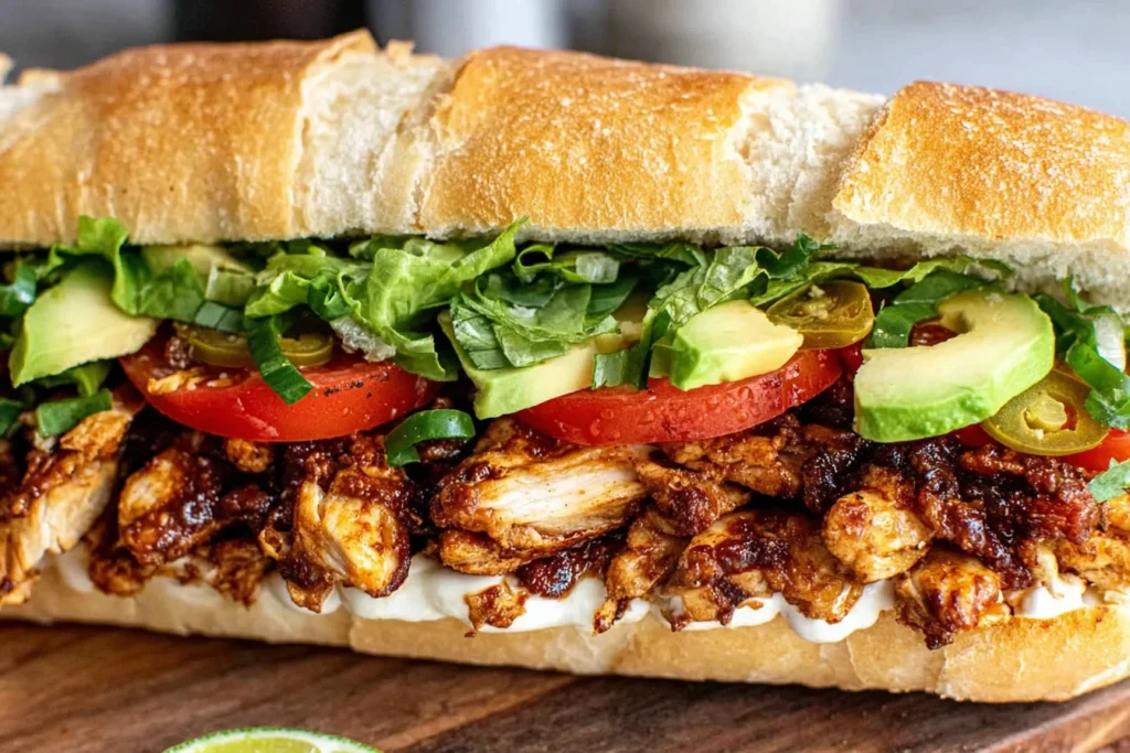 Chicken Torta Sandwich with chipotle chicken, avocado, lettuce, tomatoes, and jalapeños served on crusty bread