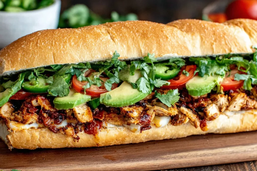 Chicken Torta Sandwich loaded with grilled chicken, avocado, jalapeños, tomatoes, and fresh cilantro on toasted bread