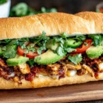 Chicken Torta Sandwich loaded with grilled chicken, avocado, jalapeños, tomatoes, and fresh cilantro on toasted bread