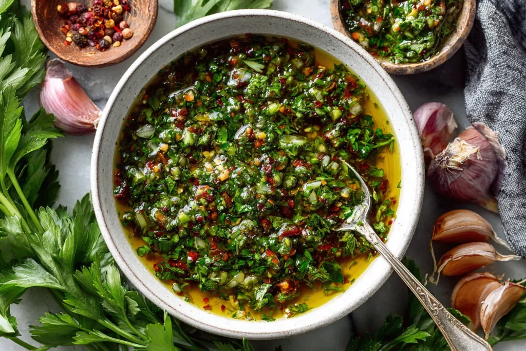 Chimichurri Sauce Recipe with fresh garlic, parsley, and red pepper flakes in a ceramic bowl
