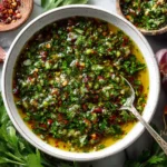 Chimichurri Sauce Recipe with fresh garlic, parsley, and red pepper flakes in a ceramic bowl