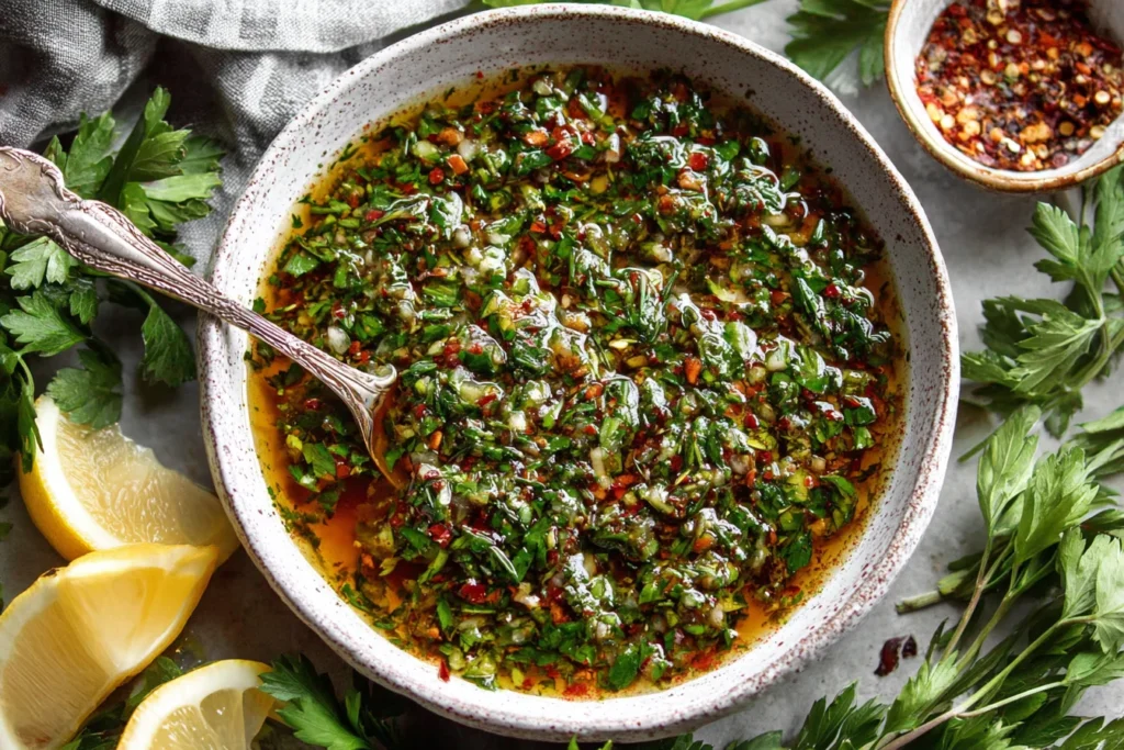 Chimichurri Sauce Recipe in a rustic bowl with fresh parsley, garlic, lemon, and olive oil