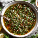 Chimichurri Sauce Recipe in a rustic bowl with fresh parsley, garlic, lemon, and olive oil