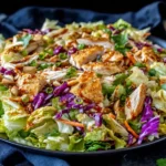 Chinese Chicken Salad topped with glazed chicken, crunchy cabbage, carrots, and Asian dressing
