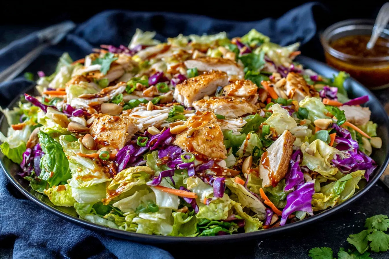 Chinese Chicken Salad topped with glazed chicken, crunchy cabbage, carrots, and Asian dressing