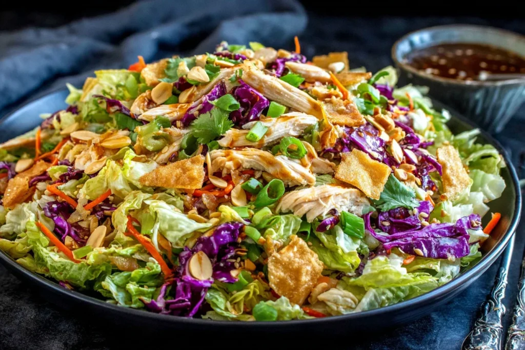 Chinese Chicken Salad with crispy wontons, shredded chicken, cabbage, and crunchy vegetables