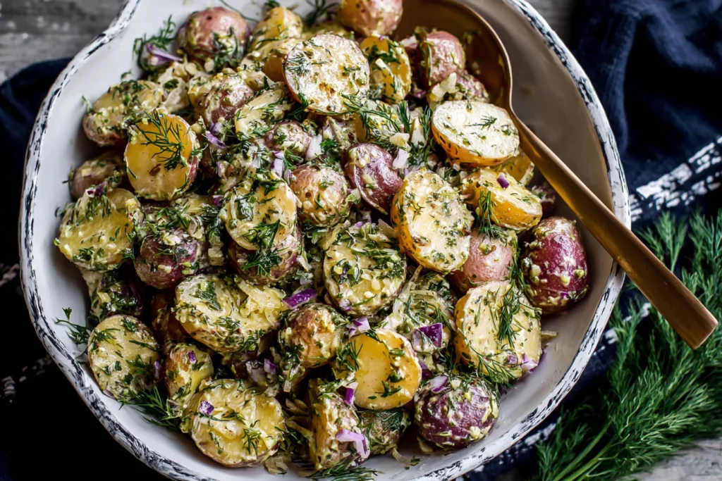 Classic French-Style Potato Salad in a rustic serving bowl with dill, shallots, cornichons, and Dijon mustard dressing