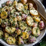 Classic French-Style Potato Salad in a rustic serving bowl with dill, shallots, cornichons, and Dijon mustard dressing