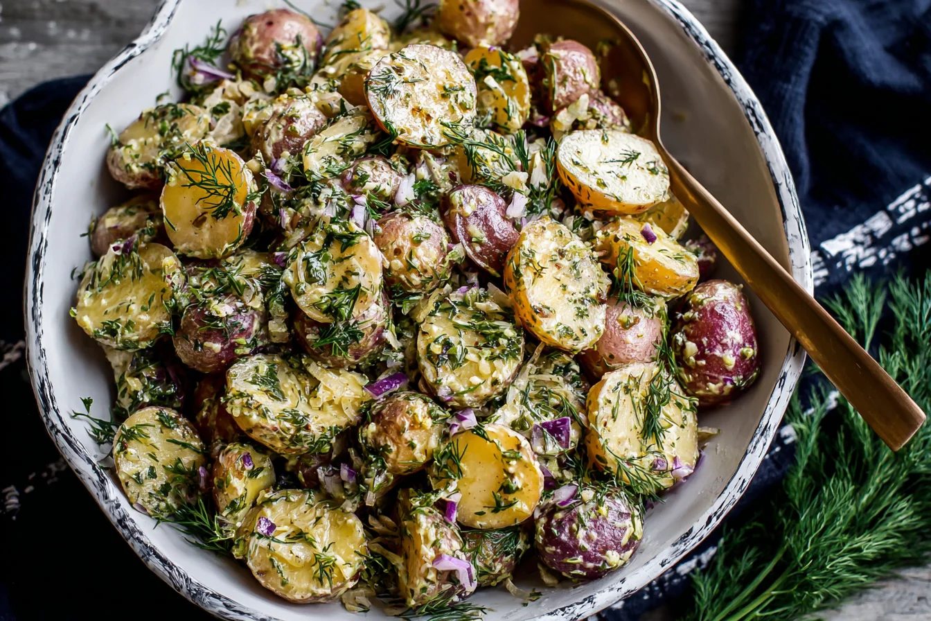 Classic French-Style Potato Salad in a rustic serving bowl with dill, shallots, cornichons, and Dijon mustard dressing