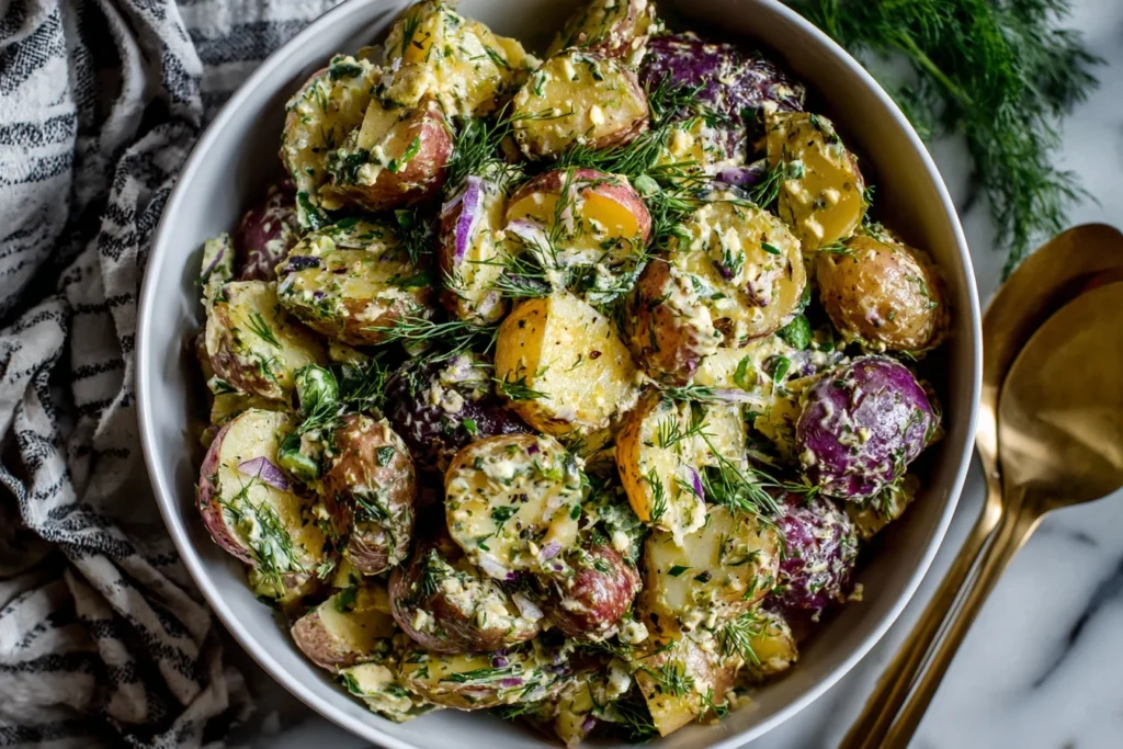 Classic French-Style Potato Salad with baby potatoes, fresh dill, shallots, and mustard vinaigrette served in a grey bowl