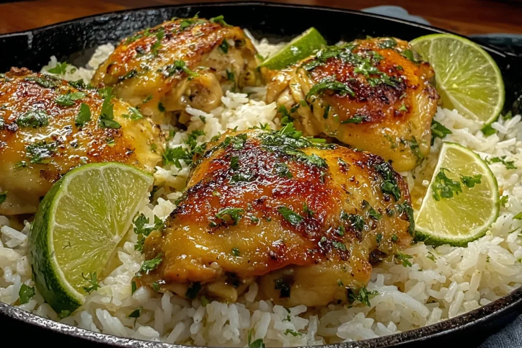 Coconut Lime Chicken and Rice served in a skillet with juicy glazed chicken thighs, fluffy rice, fresh lime wedges, and cilantro