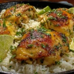 Coconut Lime Chicken and Rice served in a skillet with juicy glazed chicken thighs, fluffy rice, fresh lime wedges, and cilantro