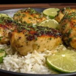 Coconut Lime Chicken and Rice with juicy glazed chicken thighs, fluffy coconut rice, fresh cilantro, and lime wedges