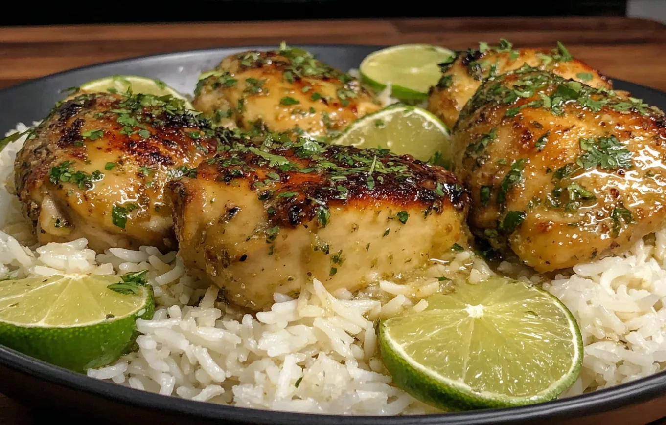 Coconut Lime Chicken and Rice with juicy glazed chicken thighs, fluffy coconut rice, fresh cilantro, and lime wedges