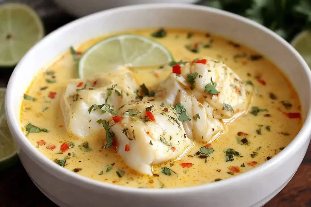 Homemade Coconut Lime Fish Soup Recipe served with white fish chunks and creamy coconut broth