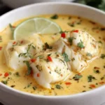 Homemade Coconut Lime Fish Soup Recipe served with white fish chunks and creamy coconut broth