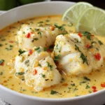 Creamy Coconut Lime Fish Soup Recipe with flaky white fish, fresh cilantro, and lime wedges