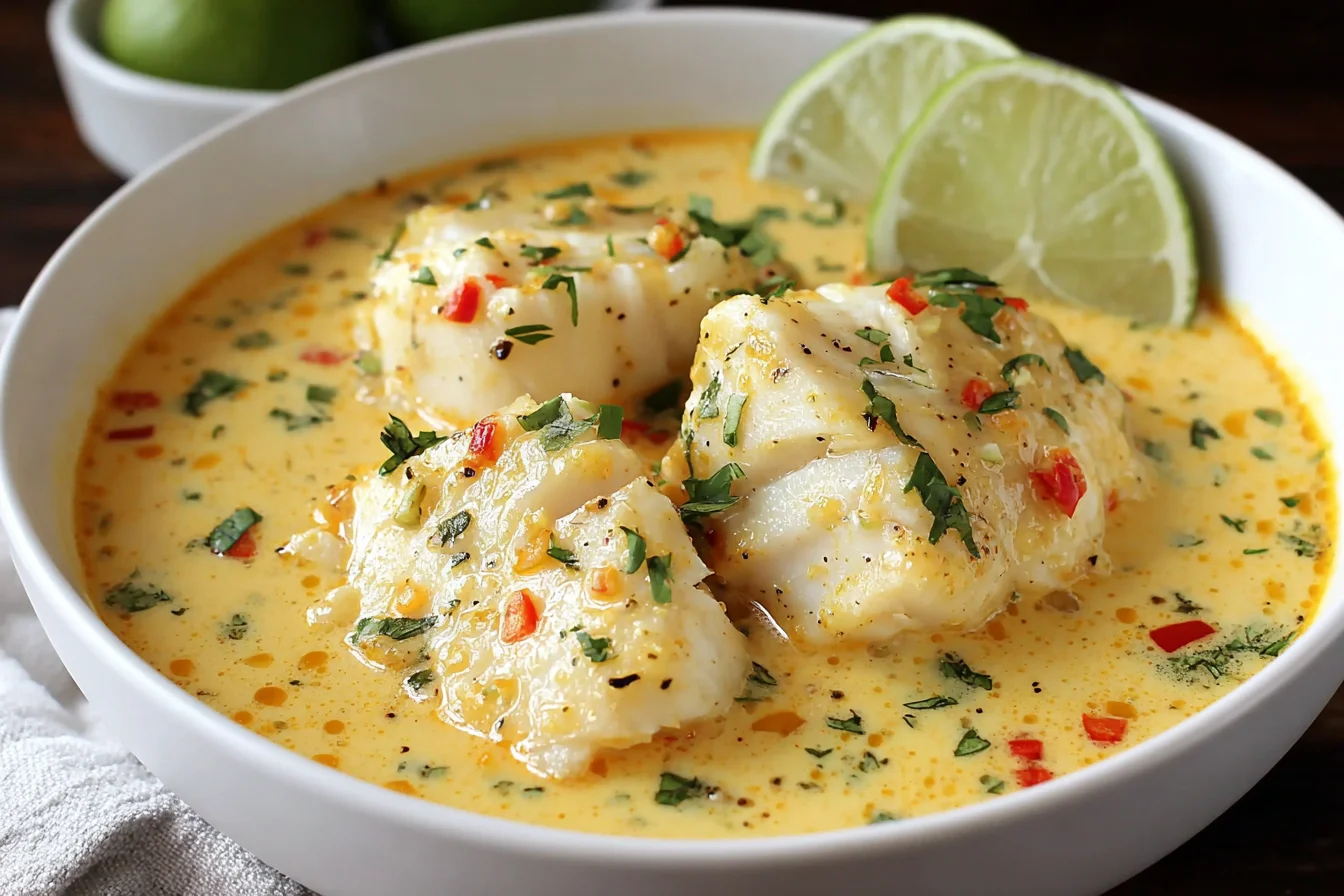 Creamy Coconut Lime Fish Soup Recipe with flaky white fish, fresh cilantro, and lime wedges