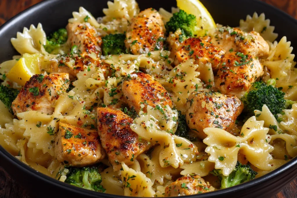Cowboy Butter Lemon Bowtie Chicken with broccoli, Cajun chicken, and creamy lemon butter pasta in a black bowl