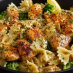 Cowboy Butter Lemon Bowtie Chicken with broccoli, Cajun chicken, and creamy lemon butter pasta in a black bowl