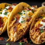 Crack Chicken Tacos with creamy ranch chicken, melted cheddar, and crispy beef bacon
