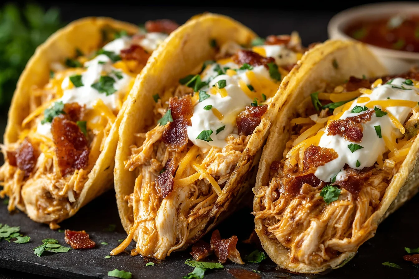 Crack Chicken Tacos with creamy ranch chicken, melted cheddar, and crispy beef bacon