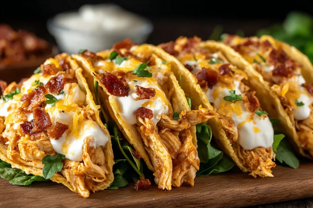 Crack Chicken Tacos topped with cheese, sour cream, and crispy beef bacon on a wooden board