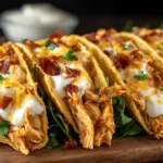 Crack Chicken Tacos topped with cheese, sour cream, and crispy beef bacon on a wooden board