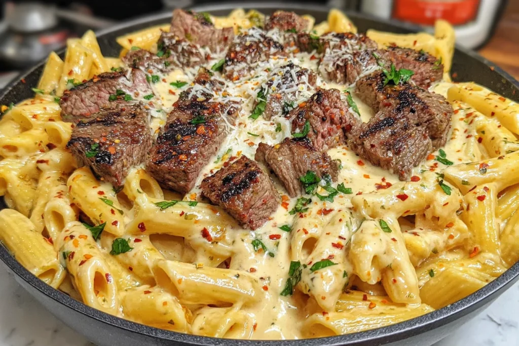 Close-up of Creamy Cajun Steak Penne Pasta with creamy cheese sauce, Cajun seasoning, and grilled steak pieces
