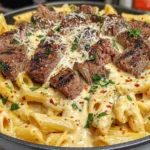 Close-up of Creamy Cajun Steak Penne Pasta with creamy cheese sauce, Cajun seasoning, and grilled steak pieces