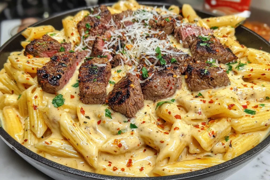 Creamy Cajun Steak Penne Pasta topped with juicy steak bites, Parmesan cheese, and red pepper flakes in a creamy Cajun sauce