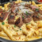 Creamy Cajun Steak Penne Pasta topped with juicy steak bites, Parmesan cheese, and red pepper flakes in a creamy Cajun sauce