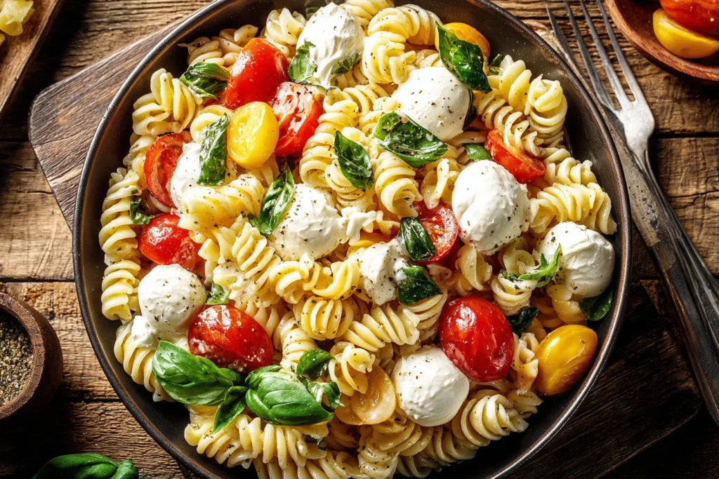 Creamy Caprese Pasta Salad served with fresh mozzarella balls, basil leaves, and cherry tomatoes