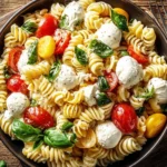 Creamy Caprese Pasta Salad served with fresh mozzarella balls, basil leaves, and cherry tomatoes